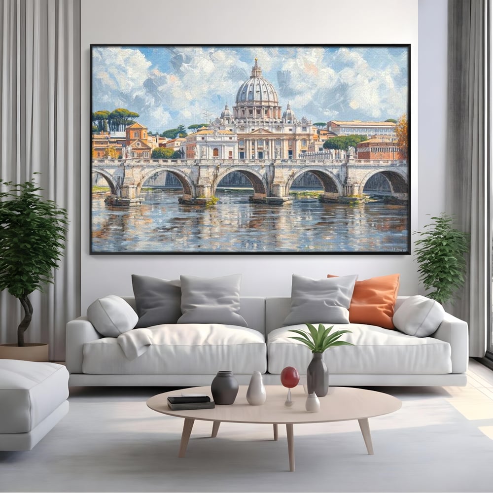Tablou canvas cu tablou canvas cu podul si cupola vaticanului, in rama de aluminiu negru, pe perete intr-un living
